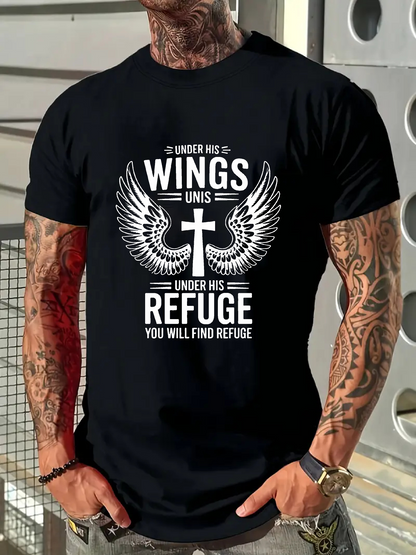 Men's Graphic T-Shirt Under His Wings Rising Cross With Outspread Angel Feathers Refuge
