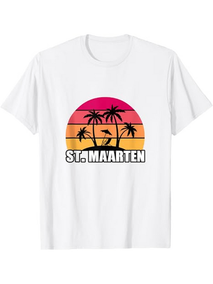 Men's Graphic T-Shirt St Maarten Sunset With Palm Trees Silhouetted Flight Over Beach