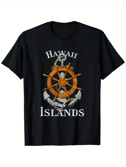 Men's Graphic T-Shirt Hawaii Islands Nautical Wheel Anchors Rope Rustic Graphic Design