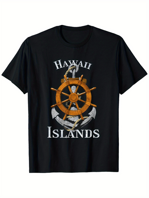 Men's Graphic T-Shirt Hawaii Islands Nautical Wheel Anchors Rope Rustic Graphic Design