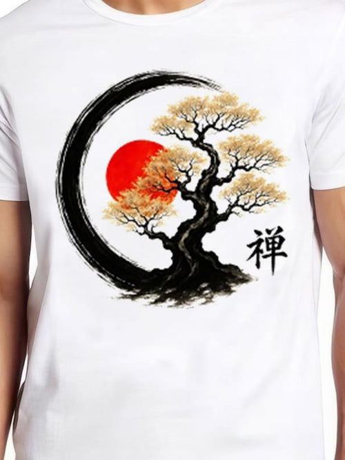 Men's Graphic T-Shirt Ancient Tree With Crescent Brushstroke And Rising Sun Bonsai
