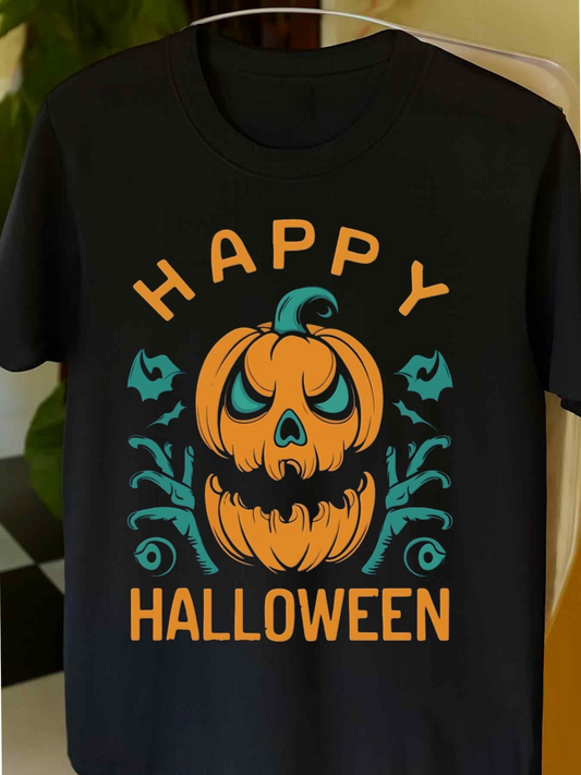 Men's Graphic T-Shirt Happy Halloween With Glowing Pumpkin Surrounded By Twisted Vines And Leaves