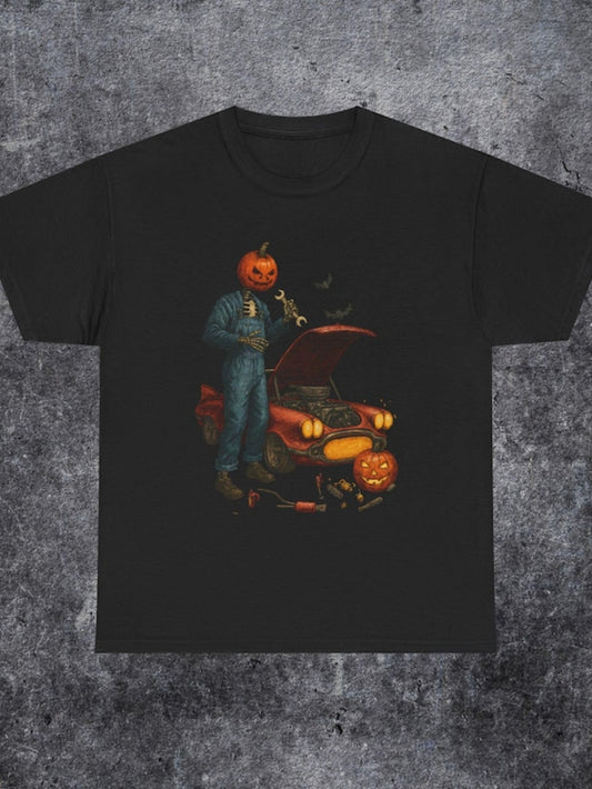 Men's Graphic T-Shirt Night Scene With Pumpkin Head Figure And Old Broken Car