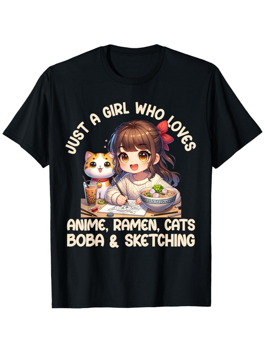 Men's Graphic T-Shirt Just A Girl Who Loves Anime Ramen Cats Boba Sketching With Smiling Cat And Anime Girl