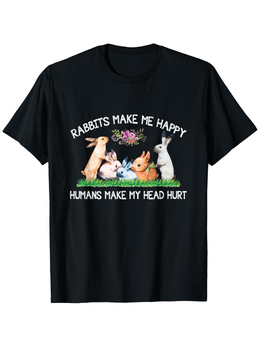 Men's Graphic T-Shirt Rabbits Make Me Happy Sitting On Grass With Flowers And Colorful Nature Rabbits