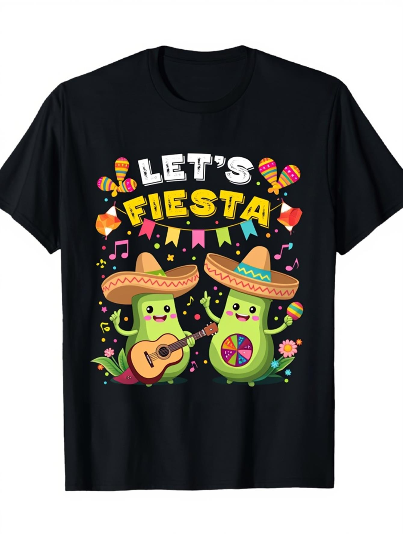 Men's Graphic T-Shirt Lets Fiesta Dancing Avocados With Festive Sombreros Guitar Music Notes Celebration
