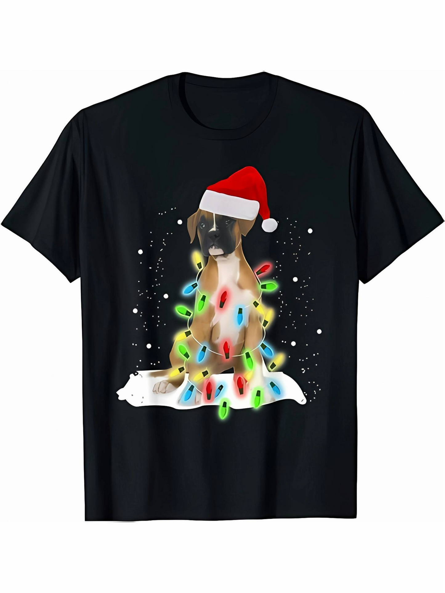 Men's Graphic T-Shirt Festive Snow With Colorful Lights Wrapping Adorable Boxer Dog