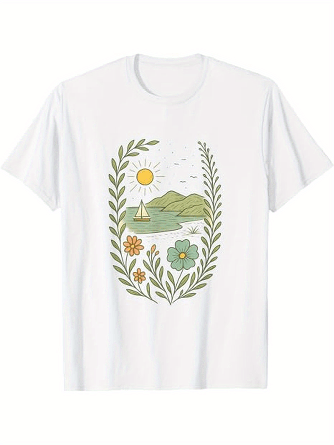 Men's Graphic T-Shirt Sunshine Over Green Hills With River Flowers And Small Boat Scenery