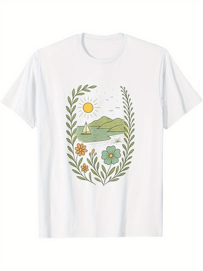 Men's Graphic T-Shirt Sunshine Over Green Hills With River Flowers And Small Boat Scenery