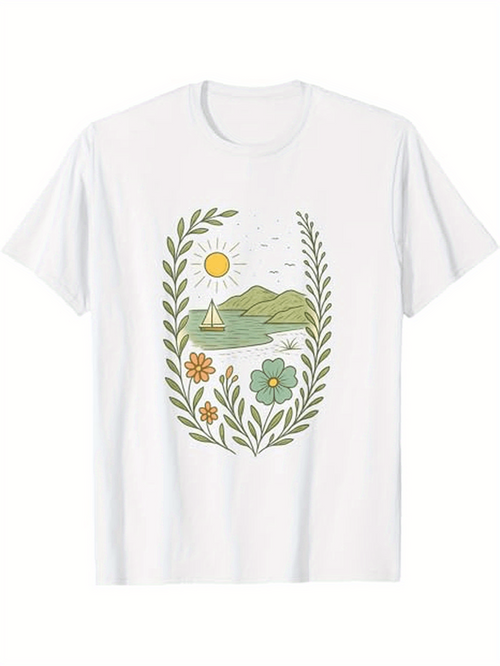 Men's Graphic T-Shirt Sunshine Over Green Hills With River Flowers And Small Boat Scenery