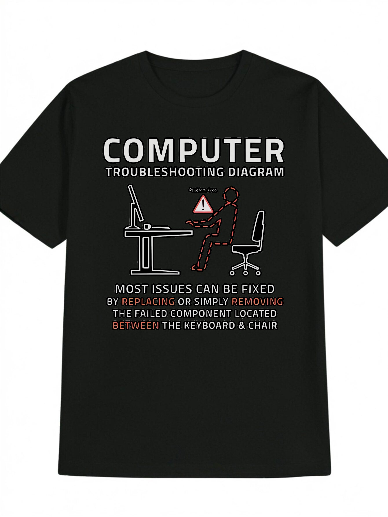 Men's Graphic T-Shirt Computer Troubleshooting Diagram With Warning Symbols Office Desk And Chair