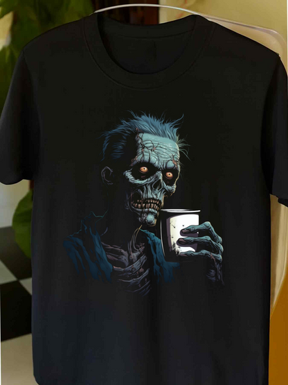 Men's Graphic T-Shirt Chilling Nighttime Shadows With A Grim Zombie Holding Cup