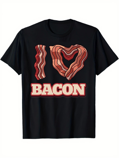 Men's Graphic T-Shirt I Love Bacon Rustic Stripes With Curved Bacon Pieces Heart