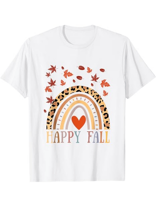Men's Graphic T-Shirt Happy Fall With Autumn Leaves Rainbow And Heart Graphic