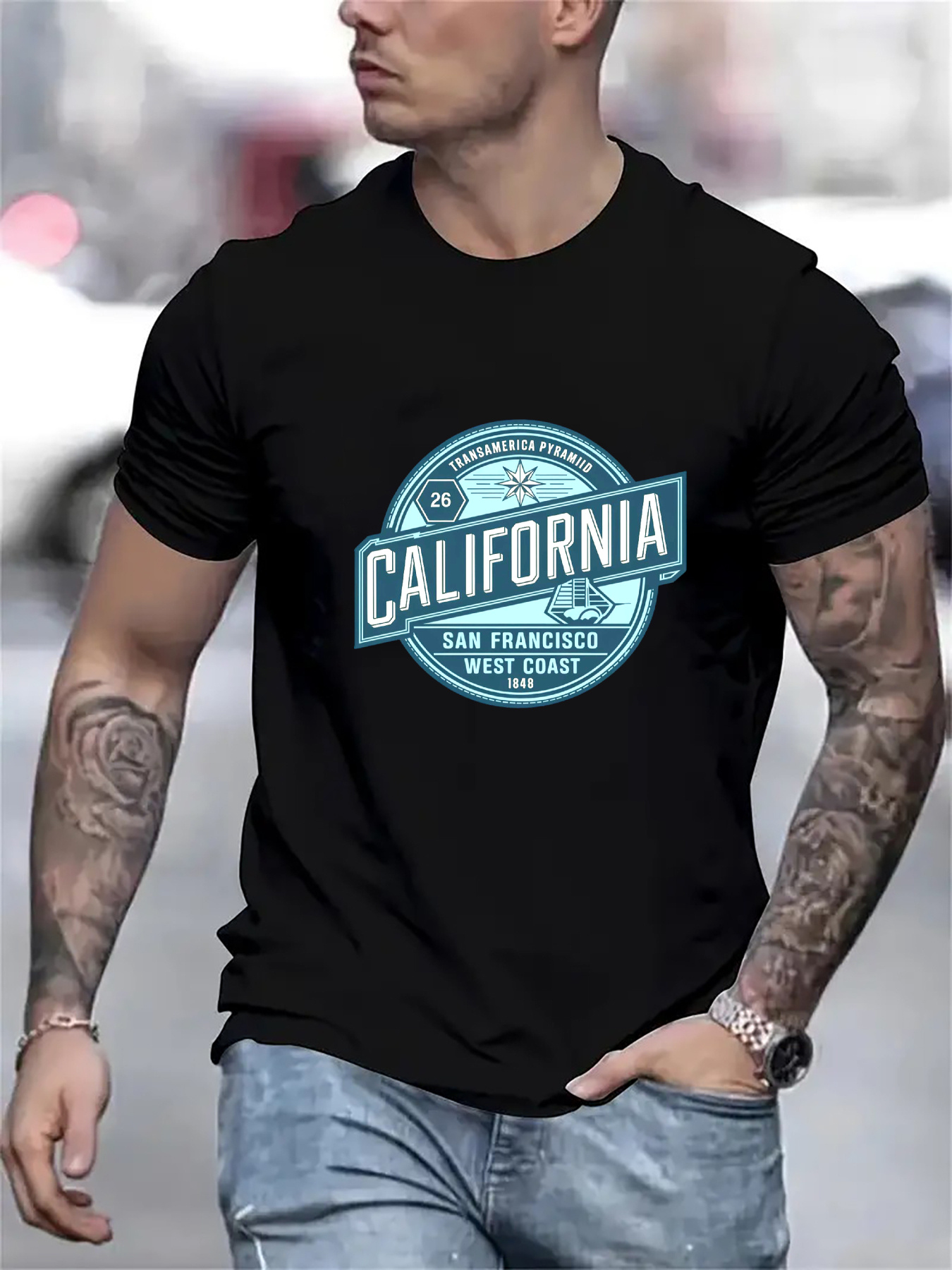 Men's Graphic T-Shirt California Vintage Round Emblem With Skyline And Retro Lettering California