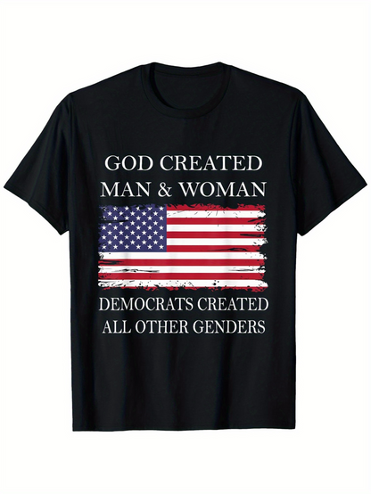 Men's Graphic T-Shirt God Created Man And Woman With Patriotic Stripes Bold American Flag