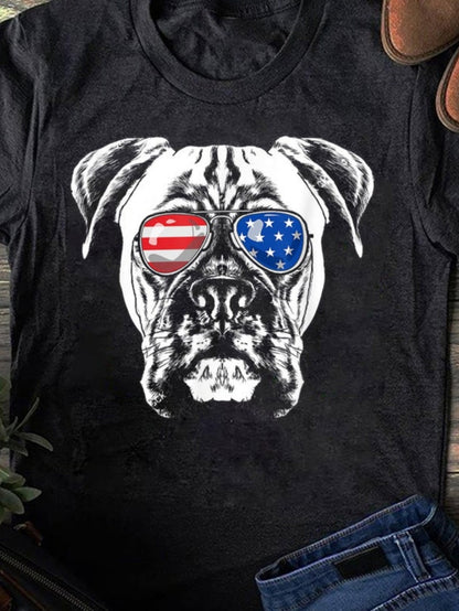 Men's Graphic T-Shirt Patriotic Dog With Sunglasses Reflecting American Flag Colors Bulldog