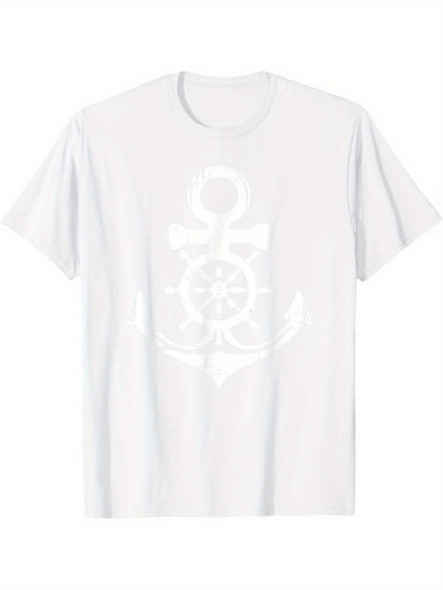 Men's Graphic T-Shirt Classic Nautical Anchor And Ship Wheel On Soft White T Shirt