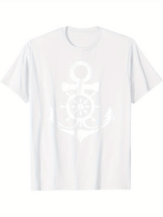 Men's Graphic T-Shirt Classic Nautical Anchor And Ship Wheel On Soft White T Shirt