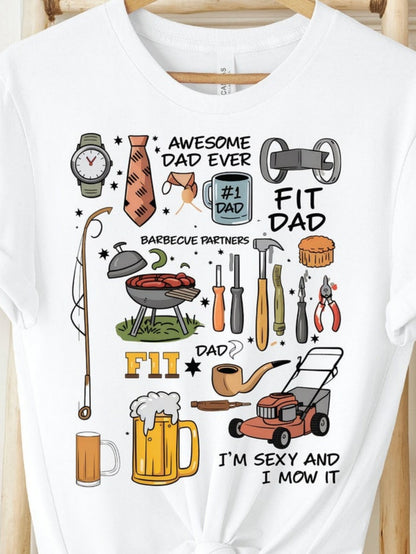 Men's Graphic T-Shirt Awesome Dad Ever Barbecue Partners With Mowing Tools And Fit Dad Objects
