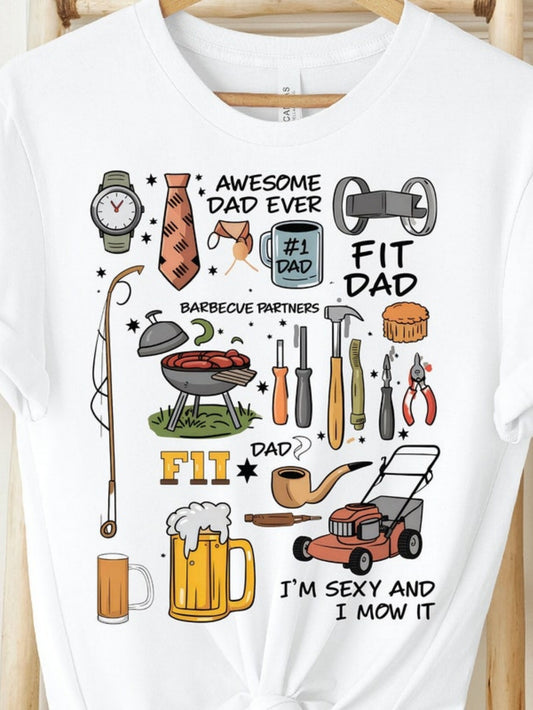 Men's Graphic T-Shirt Awesome Dad Ever Barbecue Partners With Mowing Tools And Fit Dad Objects