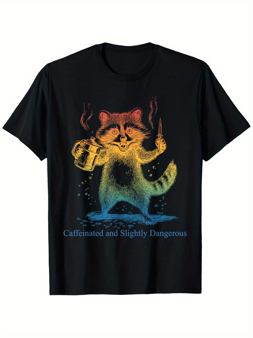 Men's Graphic T-Shirt Caffeinated And Slightly Dangerous Raccoon With Coffee Cup Surrounded By Colorful Flames