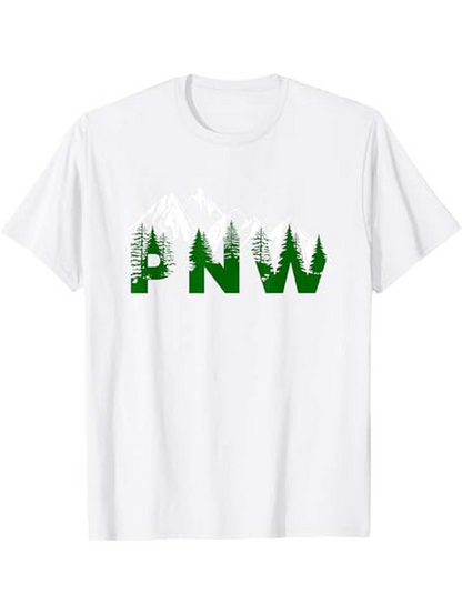 Men's Graphic T-Shirt PNW Green Pine Trees With Snowcapped Mountain Among Forest Scenery Letters