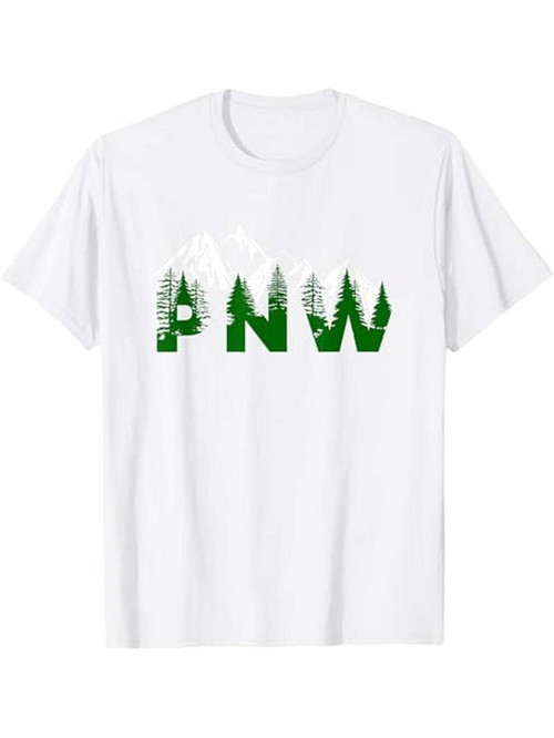 Men's Graphic T-Shirt PNW Green Pine Trees With Snowcapped Mountain Among Forest Scenery Letters