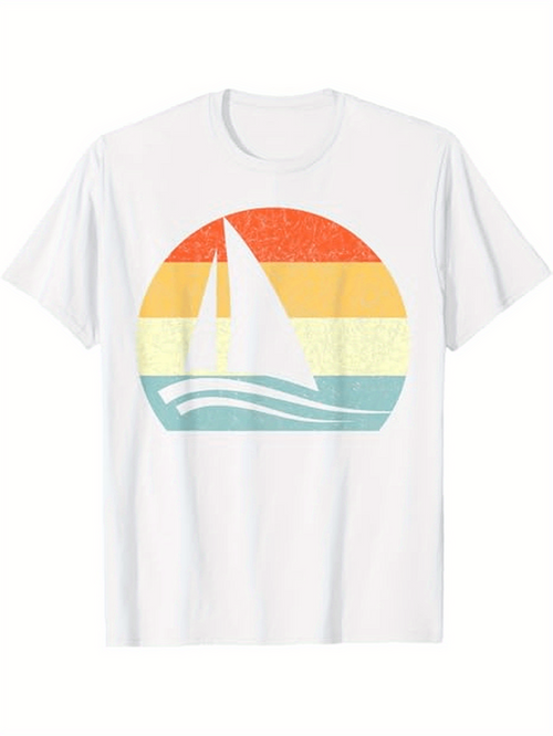 Men's Graphic T-Shirt Retro Pastel Sun With Sailboat And Stylized Ocean Waves