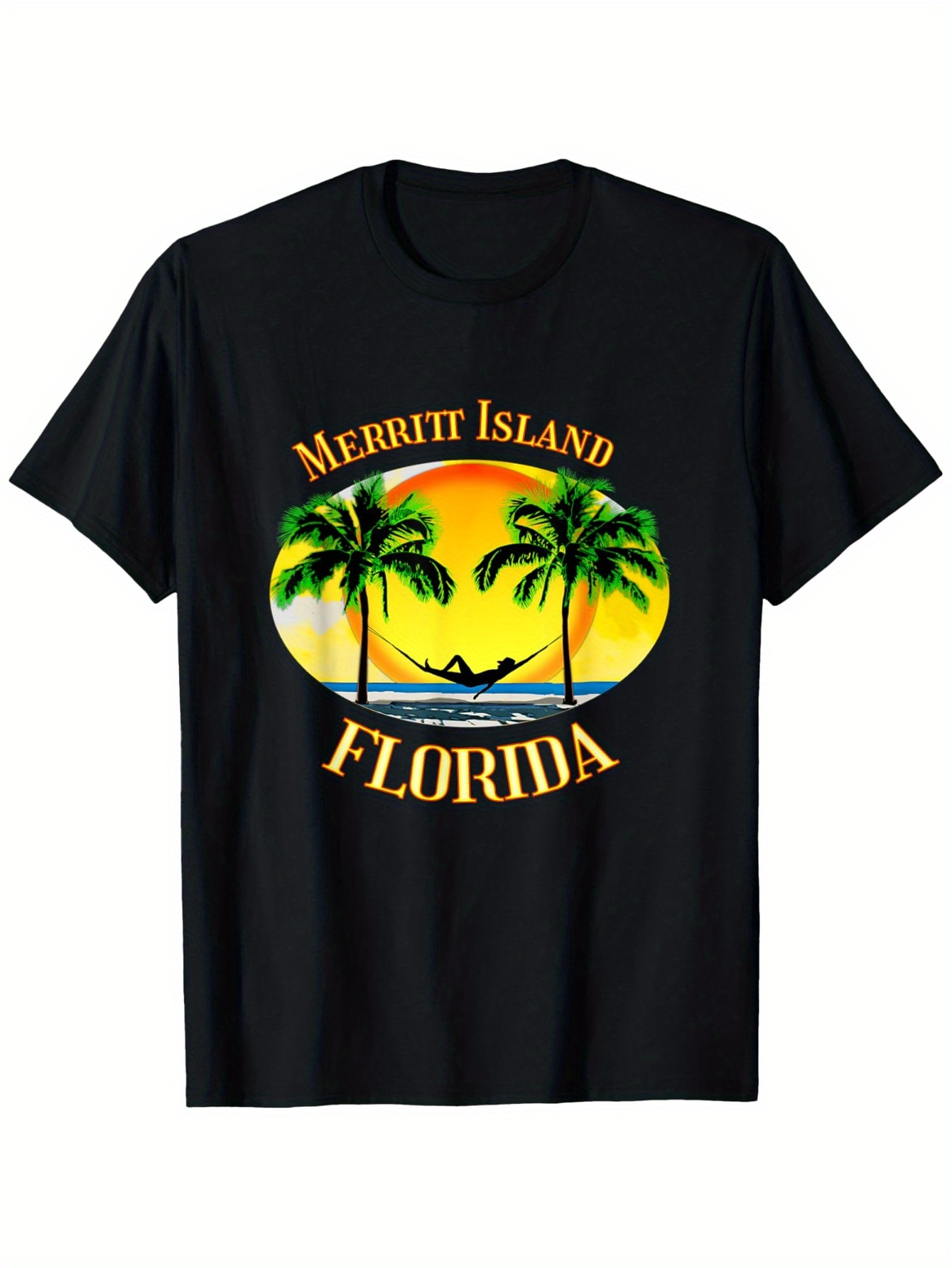 Men's Graphic T-Shirt Merritt Island Florida Palm Trees Sunset With Relaxing Hammock Scene