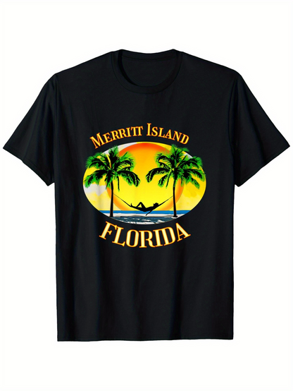 Men's Graphic T-Shirt Merritt Island Florida Palm Trees Sunset With Relaxing Hammock Scene