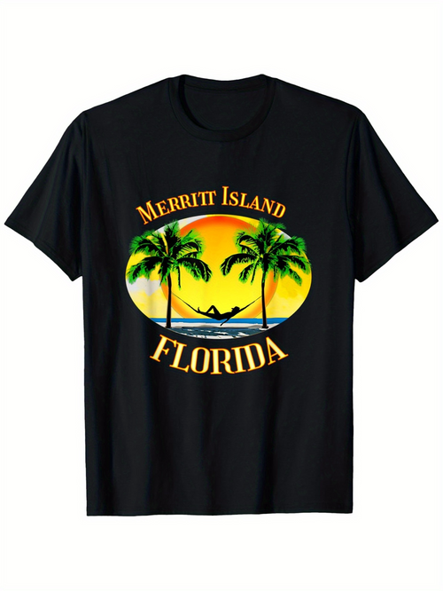 Men's Graphic T-Shirt Merritt Island Florida Palm Trees Sunset With Relaxing Hammock Scene