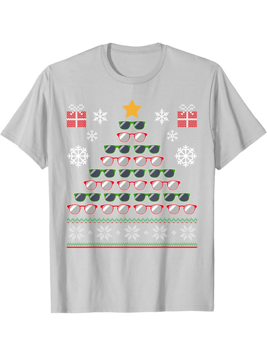 Men's Graphic T-Shirt Retro Sunglasses Christmas Tree With Snowflakes And Colorful Presents