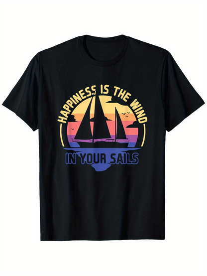 Men's Graphic T-Shirt Happiness Is The Wind Retro Sunset Colors Over Silhouette Sailing Boat