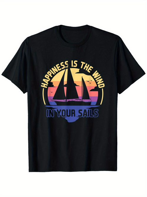 Men's Graphic T-Shirt Happiness Is The Wind Retro Sunset Colors Over Silhouette Sailing Boat