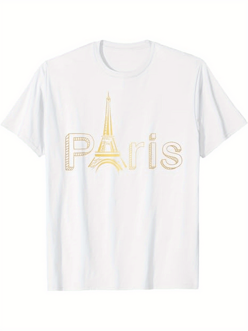 Men's Graphic T-Shirt Golden Outline Letters With Eiffel Tower Accented Graphic Paris