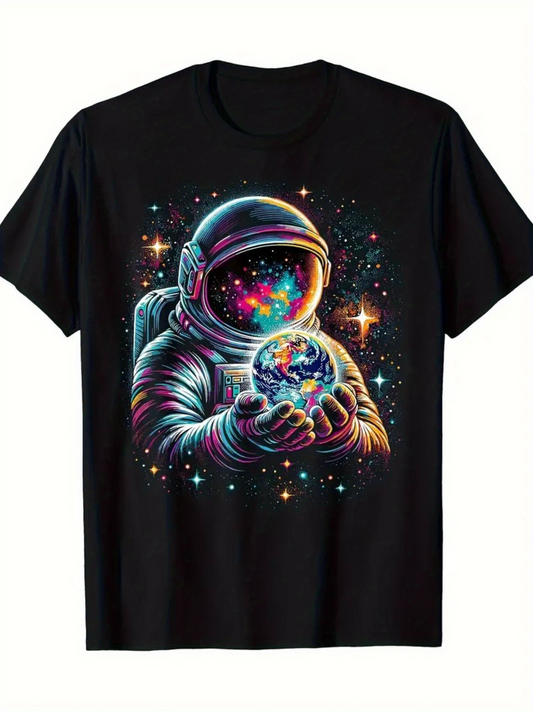 Men's Graphic T-Shirt Cosmic Astronaut Holding Glowing Universe Surrounded By Vibrant Stars Astronaut