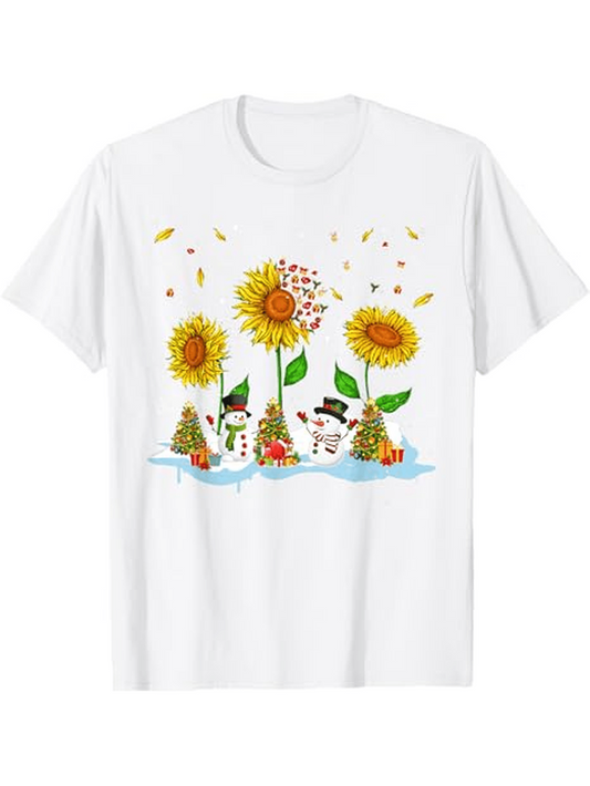 Men's Graphic T-Shirt Sunlight Dancing With Blooming Sunflowers And Whimsical Little Snowmen