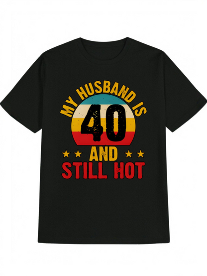 Men's Graphic T-Shirt My Husband Is Forty And Still Hot Retro Stripes With Yellow Red Stars T Shirt
