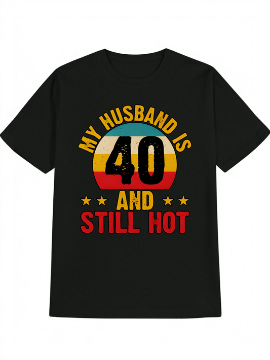 Men's Graphic T-Shirt My Husband Is Forty And Still Hot Retro Stripes With Yellow Red Stars T Shirt