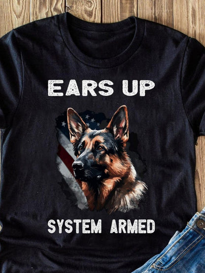 Men's Graphic T-Shirt Ears Up Patriotic Flag Among Police Guard German Shepherd