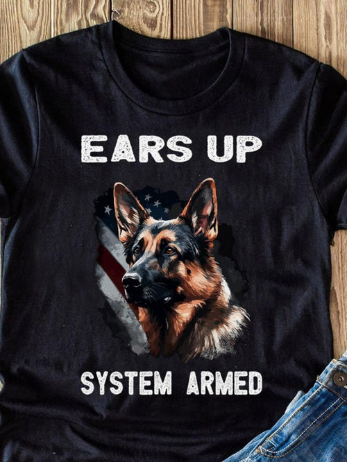 Men's Graphic T-Shirt Ears Up Patriotic Flag Among Police Guard German Shepherd