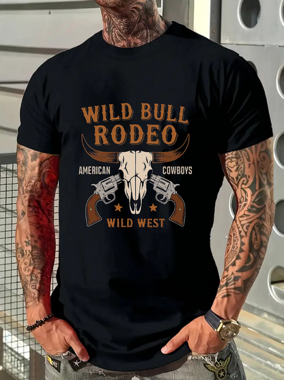 Men's Graphic T-Shirt Wild Bull Rodeo Western Skull Pistols Below Rising Stars