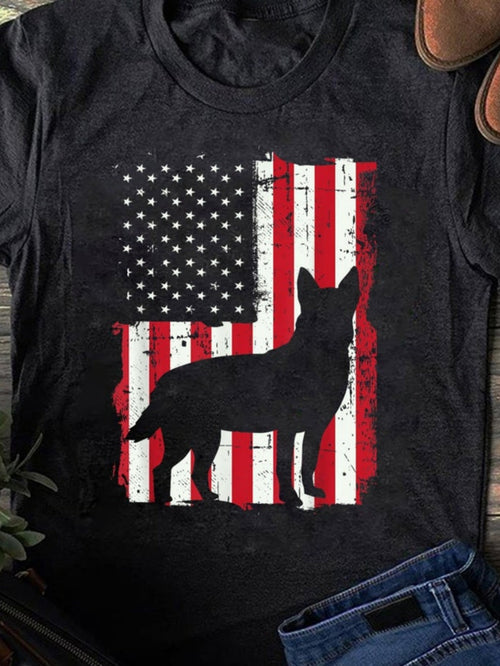 Men's Graphic T-Shirt Patriotic American Flag With Dog Silhouette Centered Loyal Companion