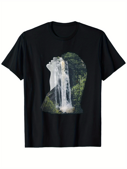 Men's Graphic T-Shirt Majestic Forest Waterfall Flowing Through Lush Green Wolf Silhouette