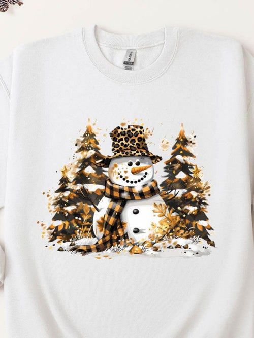 Women's Graphic T-Shirt Snow Covered Trees With Golden Leaves Surrounding A Smiling Snowman