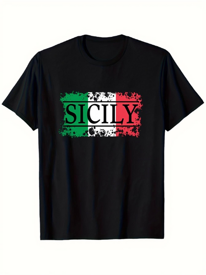 Men's Graphic T-Shirt Grunge Italian Colors With Bold Distressed Letters Sicily