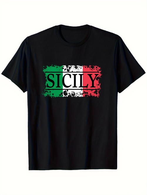 Men's Graphic T-Shirt Grunge Italian Colors With Bold Distressed Letters Sicily