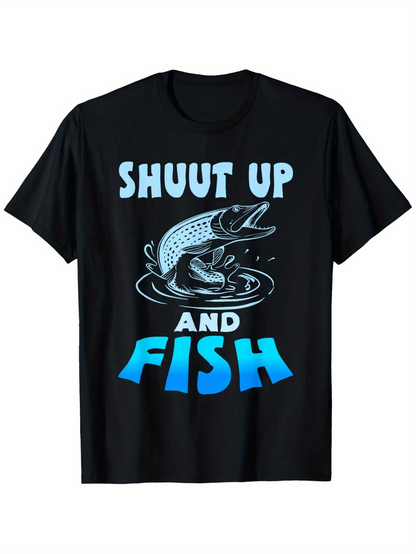 Men's Graphic T-Shirt Shut Up And Fish Dynamic Motion Splash With Jumping River Fish