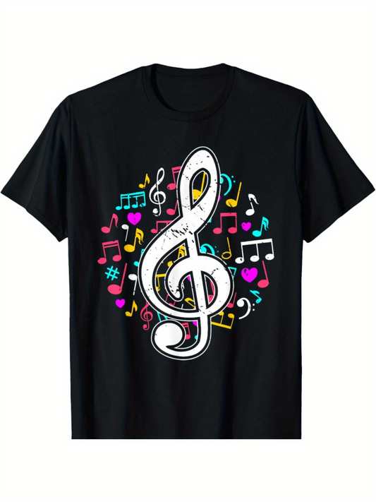 Men's Graphic T-Shirt Colorful Musical Symbols Dancing With Large Treble Clef Note